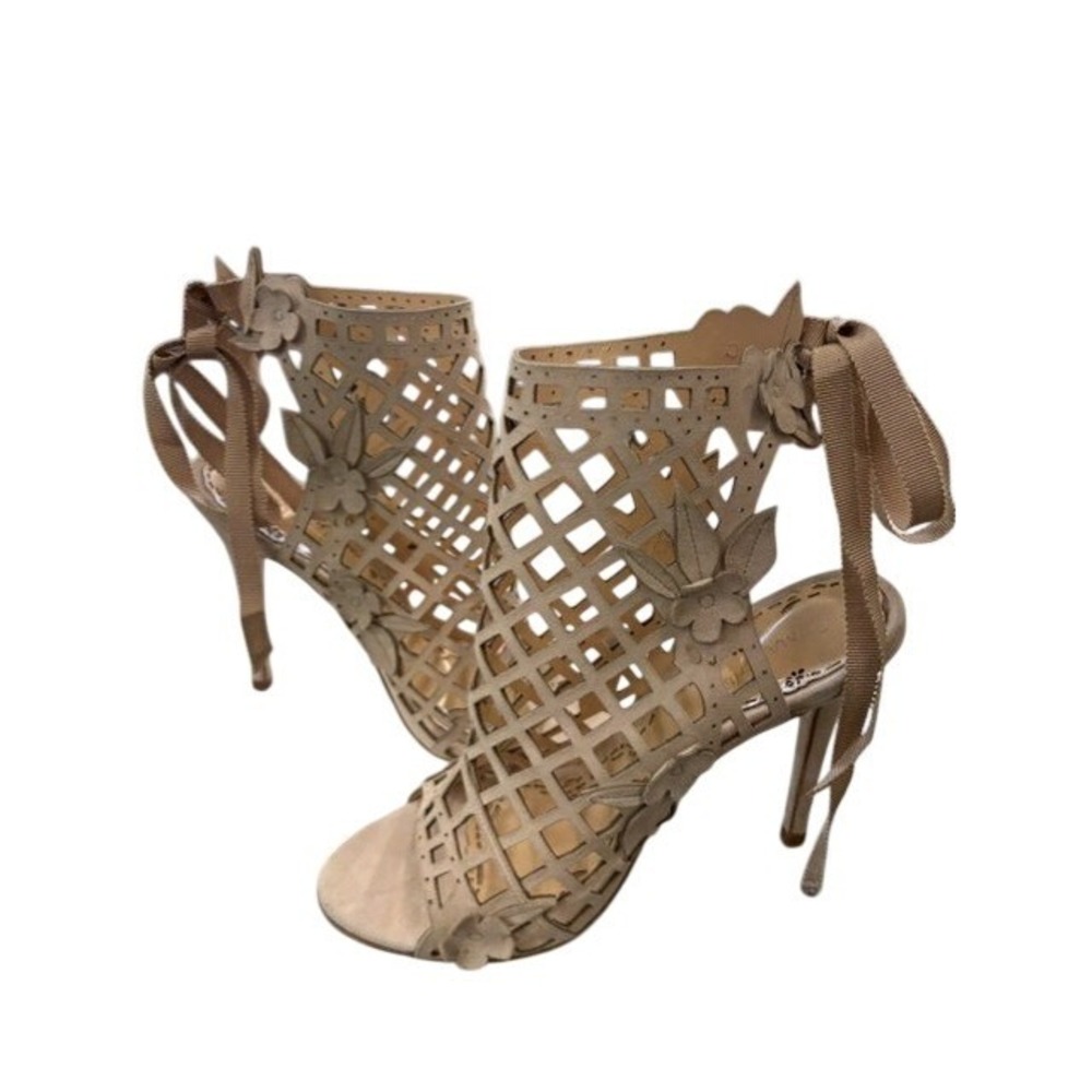 Marchesa Beige Suede Laser Cut‎ Floral Cage Booties Heels Size 36 Made in Italy